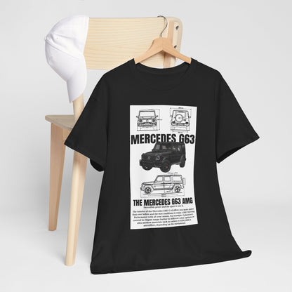 Unisex Men's T-Shirt Featuring Technical Drawing of Mercedes-AMG G63 Design, elegantly styled with the G63's architectural layout and detailed outlines, perfect for automotive enthusiasts.
