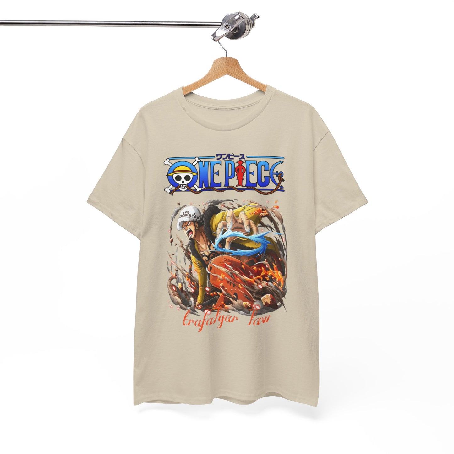 Luxuriously crafted men's t-shirt featuring an exquisite graphic design of Trafalgar Law from One Piece, highlighting vibrant colours and intricate details, perfect for anime enthusiasts.