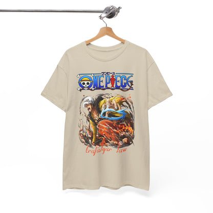 Luxuriously crafted men's t-shirt featuring an exquisite graphic design of Trafalgar Law from One Piece, highlighting vibrant colours and intricate details, perfect for anime enthusiasts.