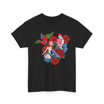 Artistic black t-shirt adorned with vibrant and playful pin-up artwork, roses, and symbolic elements, making a bold fashion statement.