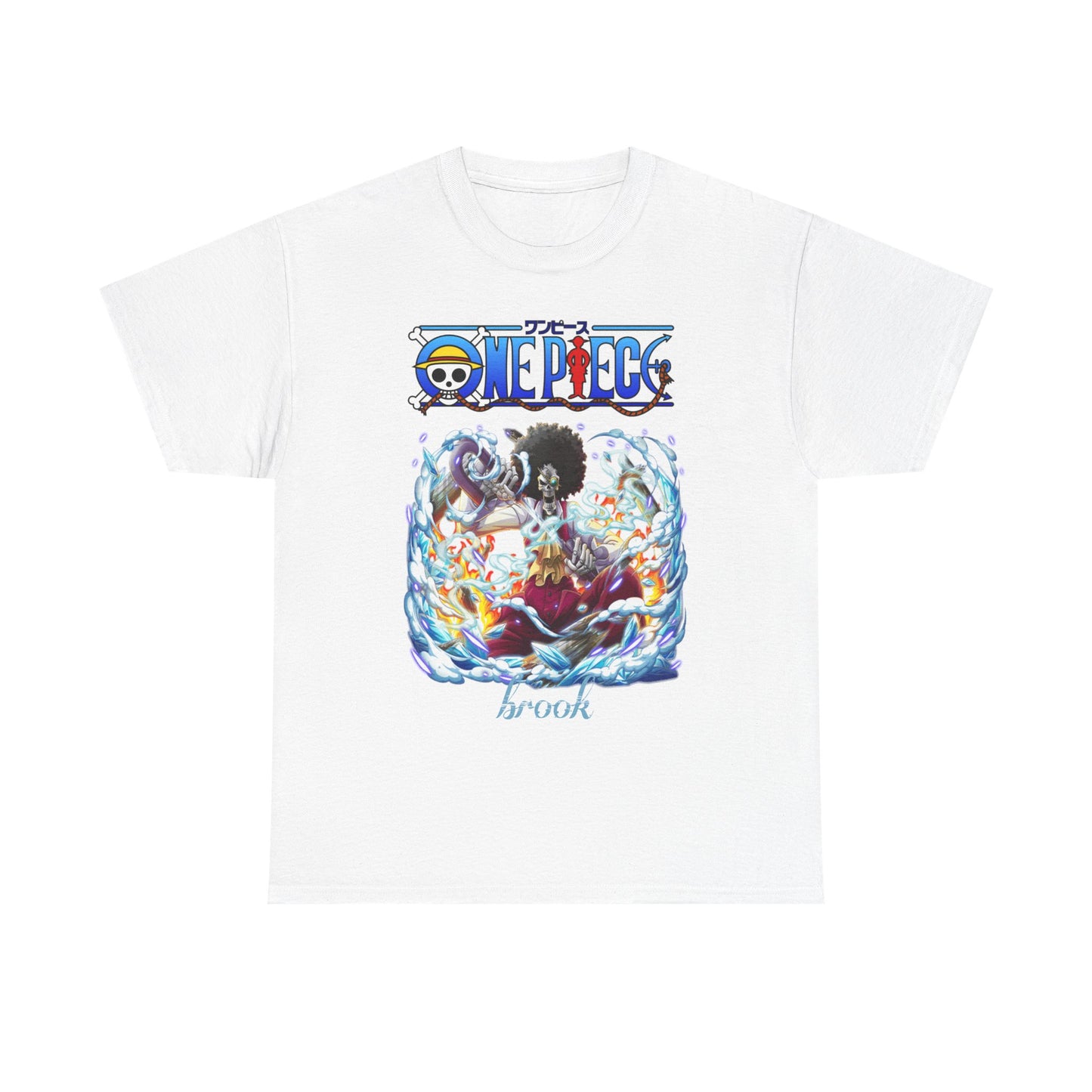 Elegant white t-shirt featuring a stunning design of Brook from One Piece, highlighted by vibrant colours and intricate details, perfect for discerning anime aficionados.