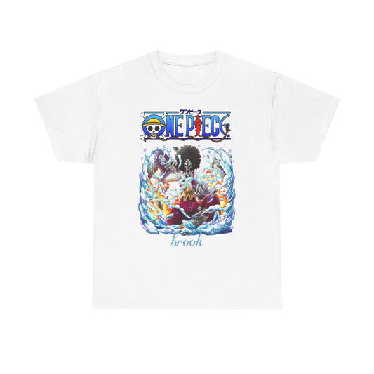 Elegant white t-shirt featuring a stunning design of Brook from One Piece, highlighted by vibrant colours and intricate details, perfect for discerning anime aficionados.