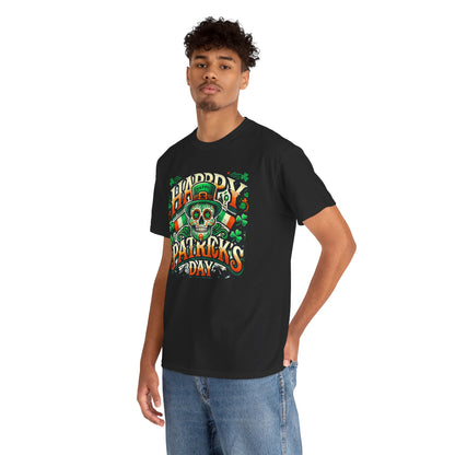 Trendy St Patricks Day unisex graphic t-shirt modelled by a man, illustrating a striking sugar skull design, capturing festive spirit.