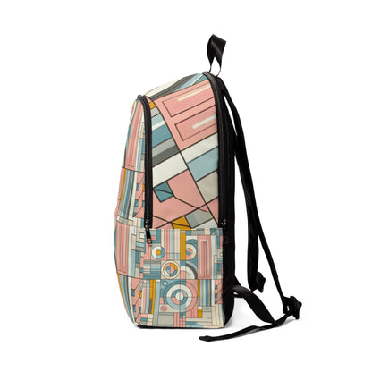 Contemporary Art Inspired Power Surge Backpack by Dazzling Dreams Studio featuring bold geometric patterns in pastel shades of pink, yellow, and blue, perfect for fashion-forward individuals.
