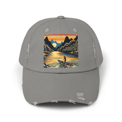 Unisex Distressed Paddleboarders Cap with Fantasy Design in a sophisticated grey tone, featuring exquisite paddleboarding artwork that reflects a passion for stylish water adventures.