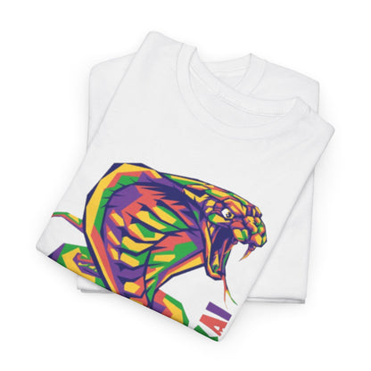 Premium Cobra Kai t-shirts stacked, displaying a striking multicoloured snake graphic, ideal for casual wear and martial arts fans.