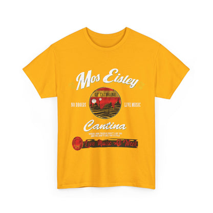 Front view of the exquisite Star Wars Mos Eisley Cantina Graphic T-Shirt featuring a bold graphic design in rich yellow, perfect for showcasing your love for Star Wars.