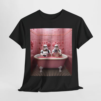Elegantly styled black t-shirt showcasing a playful image of Stormtroopers relaxing in a pink bathtub, ideal for a quirky fashion statement.