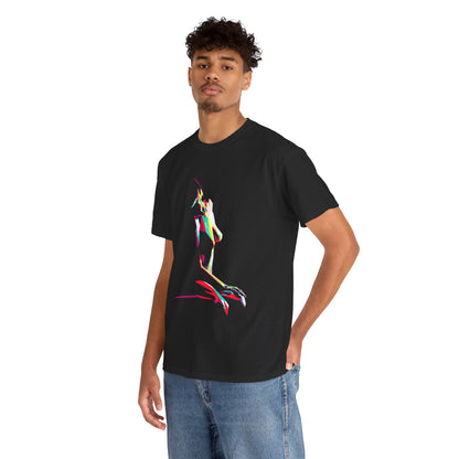 Fashion-forward individual wearing a black graphic t-shirt adorned with a colourful abstract art illustration, embodying modern artistic flair.
