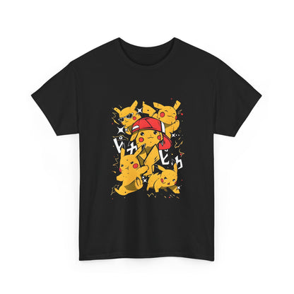 Front view of a stylish unisex streetwear graphic tee adorned with multiple playful Pikachu characters, incorporating vibrant colours and Japanese design elements.