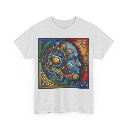 Front view of the Stained Glass Dreams Unisex T-Shirt in grey, featuring a captivating face design with swirling geometric patterns and rich colours.