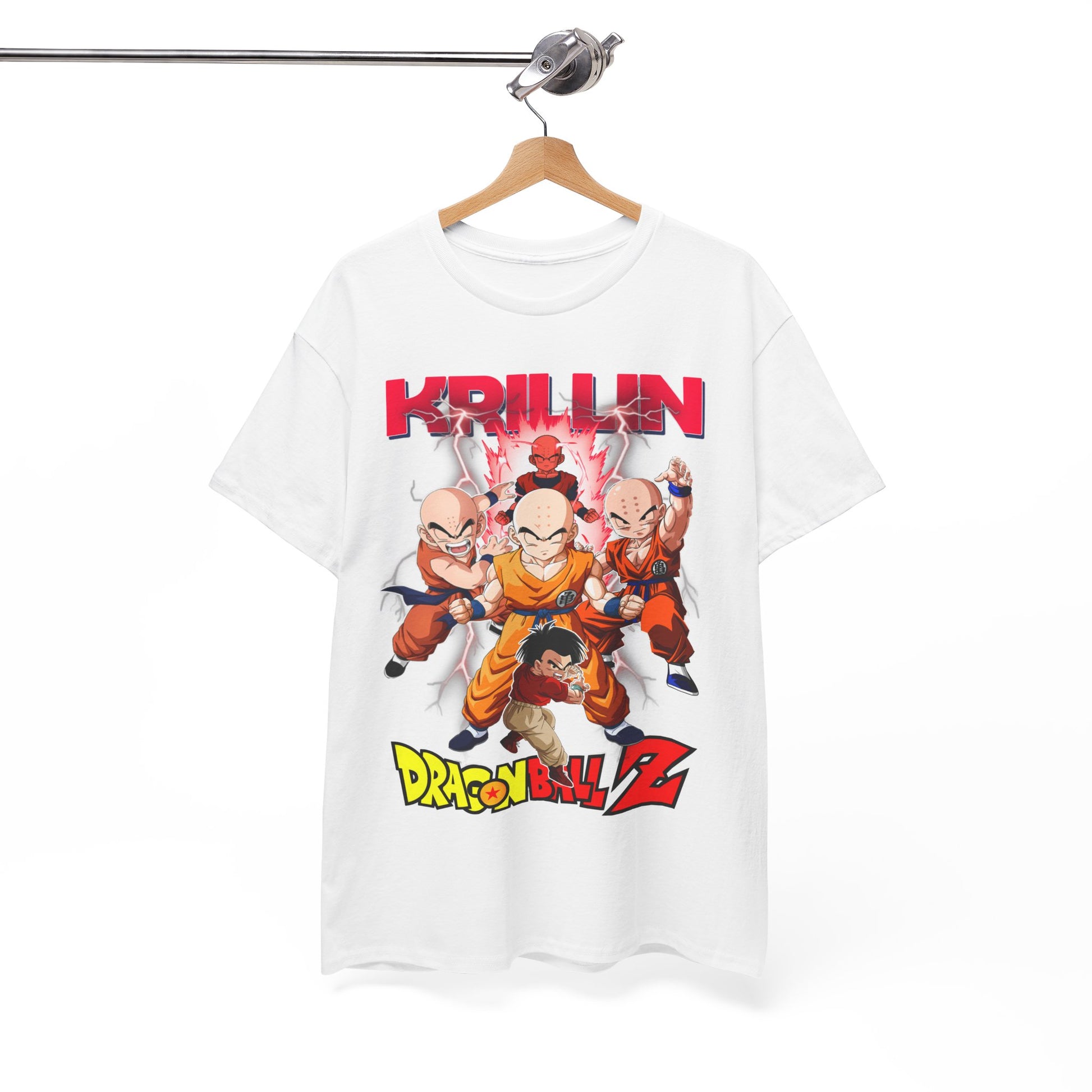 Chic display of a Dragon Ball Z shirt featuring Krillin, elegantly hung on a stylish hanger, emphasizing its fashionable and collector's appeal.