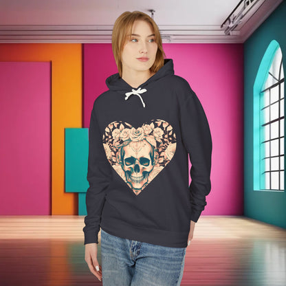 Model wearing Unisex Lightweight Hooded Sweatshirt adorned with an elegant skull and roses design, ideal for expressing individuality in a modern setting.