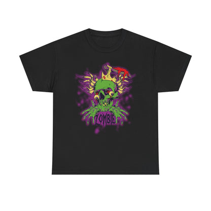Elegant black men's t-shirt showcasing a playful cartoon zombie skull adorned with a green crown, striking eyes, and artistic drips, perfect for a bold, stylish statement.