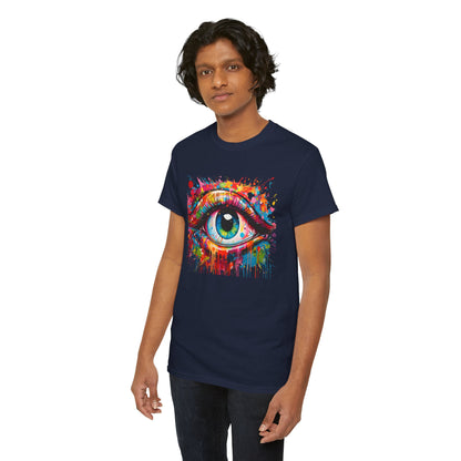 Front view of the luxurious unisex Visionary Drip graphic tee featuring a vivid eye design in vibrant colours against a navy background, perfect for artistic expression and casual wear.