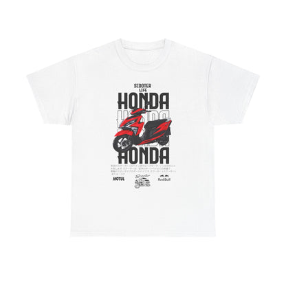 Luxurious white men's t-shirt featuring an eye-catching red Honda scooter graphic, accentuated by the iconic 'Scooter Life' and 'HONDA' texts for enthusiasts.
