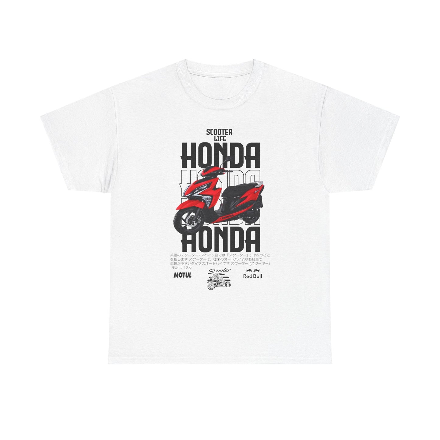 Elevate your style with this luxurious white t-shirt featuring a dynamic Honda scooter design. Perfect for riders and fans, it showcases the iconic 'HONDA' text and 'SCOOTER LIFE' slogan, blending comfort with bold fashion.
