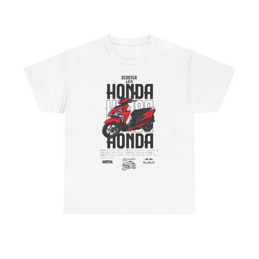 Elevate your style with this luxurious white t-shirt featuring a dynamic Honda scooter design. Perfect for riders and fans, it showcases the iconic 'HONDA' text and 'SCOOTER LIFE' slogan, blending comfort with bold fashion.