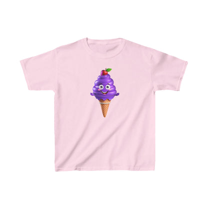 Child’s Unisex Delighted Ice Cream Graphic Cotton Tee in soft pink, adorned with a whimsical purple ice cream character with a cherry topping.