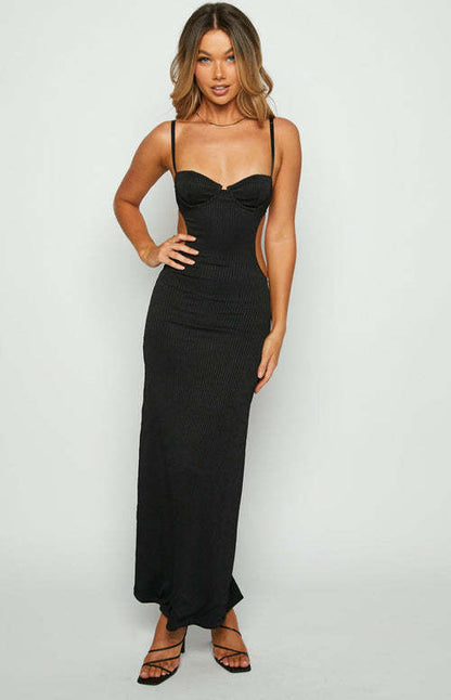 Stylish black halter dress with a captivating design, perfect for chic summer parties.