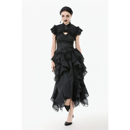 Back view of the stylish Dark in Love Seraphine Lace Top, showcasing the zipper closure and adjustable tie for a customizable fit.