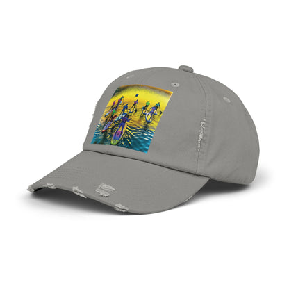 Stylish grey Unisex Distressed Paddleboarders Cap featuring a captivating paddleboarding scene, ideal for adventures on water.