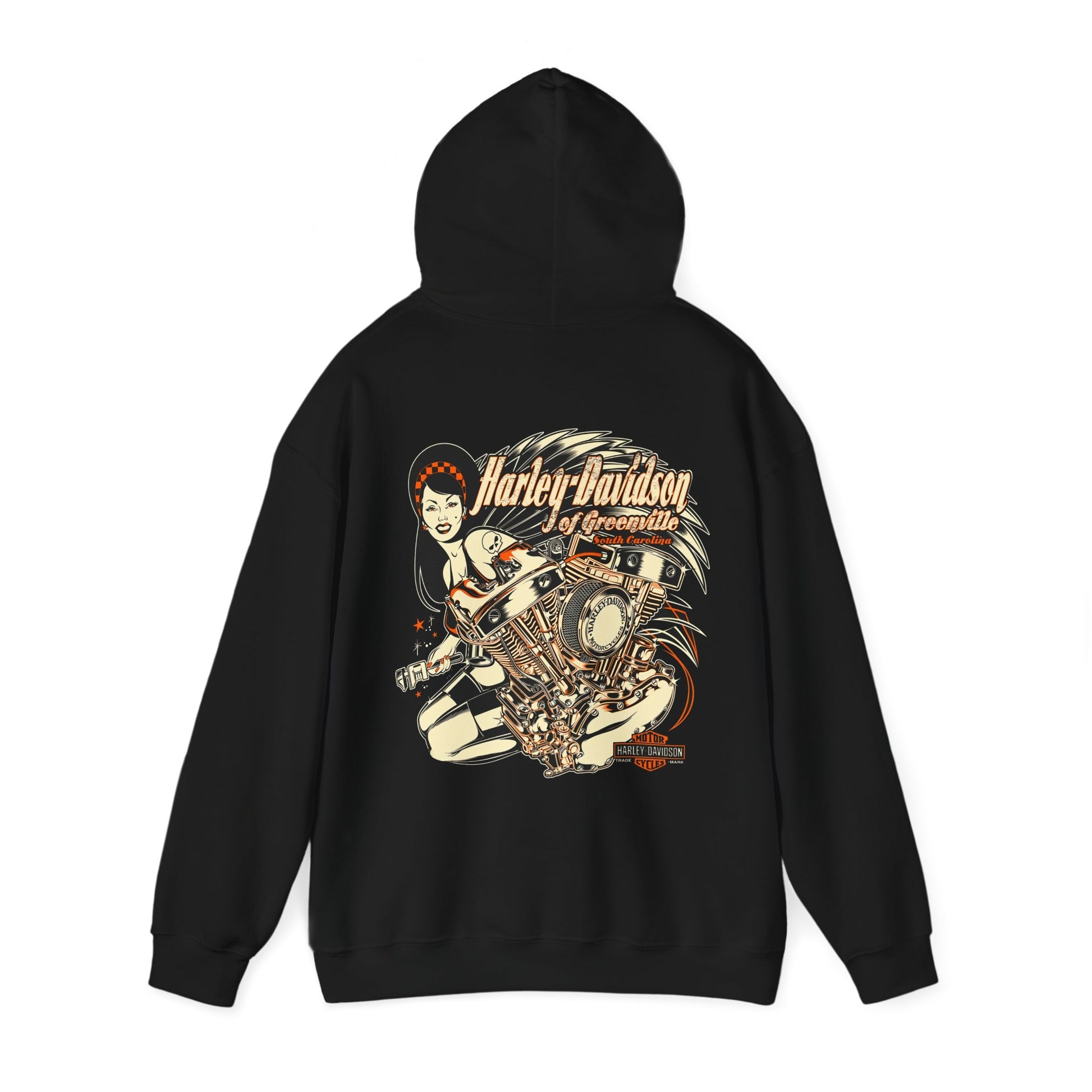 Harley-Davidson black hoodie featuring a retro engine design and a chic lady illustration, showcasing striking copper-orange elements, perfect for motorcycle enthusiasts.