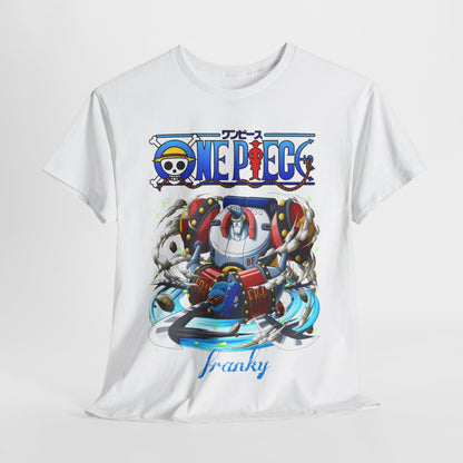 Sophisticated One Piece Franky t-shirt vividly illustrating Franky in a dynamic pose, combining comfort with a striking aesthetic for fashion-forward anime lovers.