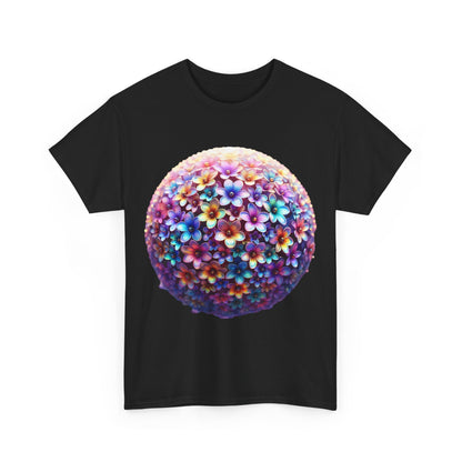 Iridescent Floral Sphere Unisex Cotton Tee Graphic T Shirt in black, prominently displaying a colourful floral sphere graphic, a chic addition to any wardrobe.