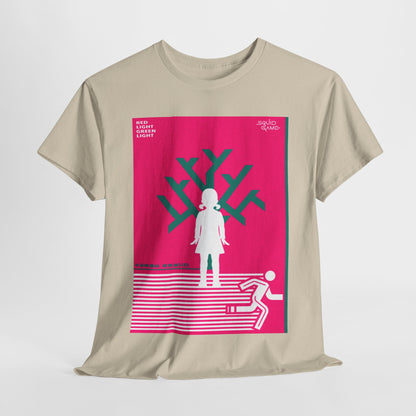 Luxurious Squid Game inspired graphic t-shirt featuring bold colours, showcasing the phrase 'Red Light Green Light' with a minimalist design that appeals to fans of unique urban fashion.