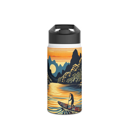 Luxury Fantasy Paddleboarding Stainless Steel Water Bottle featuring a vibrant sunset and serene mountain reflection, perfect for hydration during outdoor adventures.