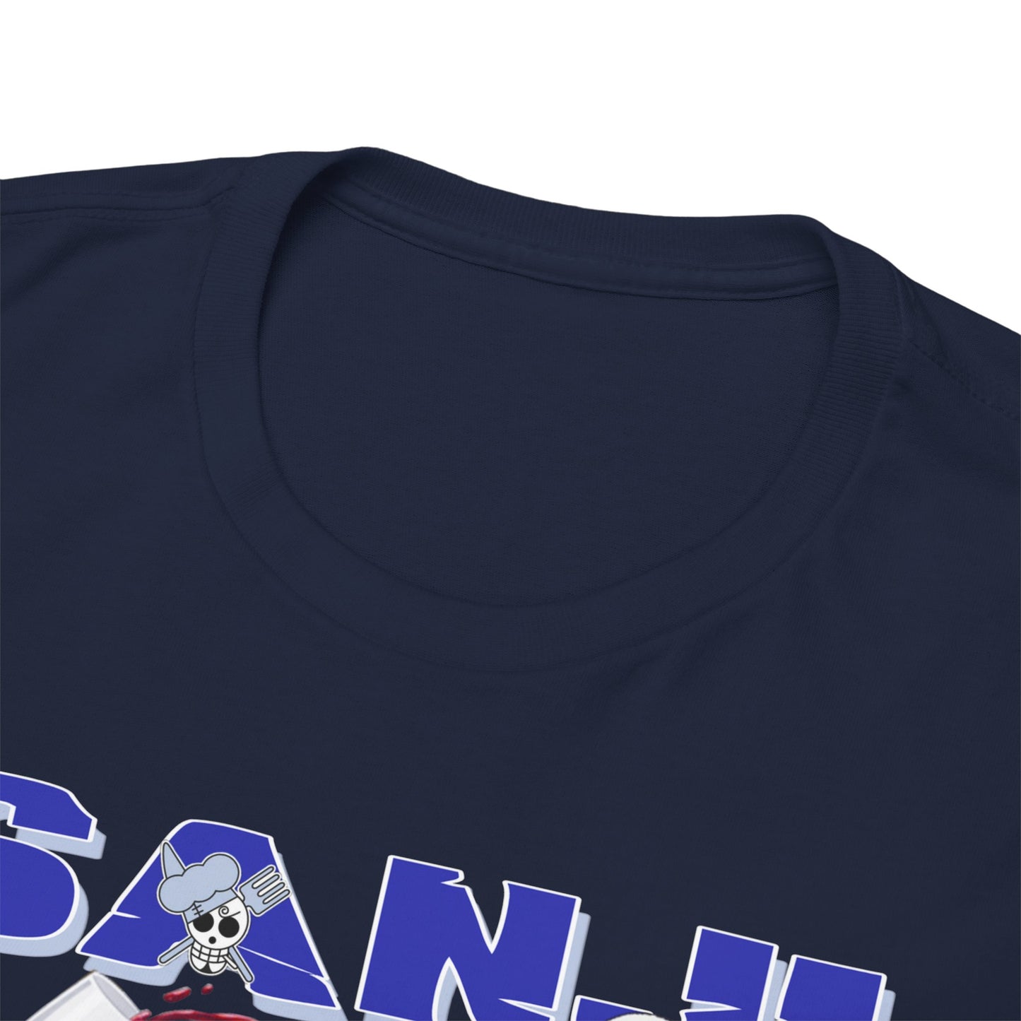 Close-up view of the luxurious navy blue t-shirt collar showcasing detailed stitching and the striking Sanji graphic print, elegantly designed for anime enthusiasts.