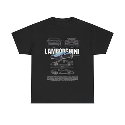 Stylish black unisex men's T-shirt presenting the Lamborghini Huracán technical drawing, highlighting its performance and engineered aesthetics.