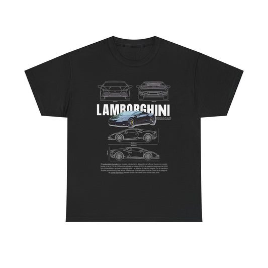 Stylish black unisex men's T-shirt presenting the Lamborghini Huracán technical drawing, highlighting its performance and engineered aesthetics.