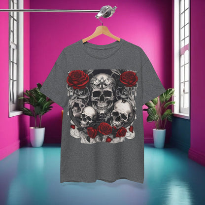 Stylish display of the Skulls and Roses Cotton Tee hanging in a vibrant interior, highlighting its unique graphic design.