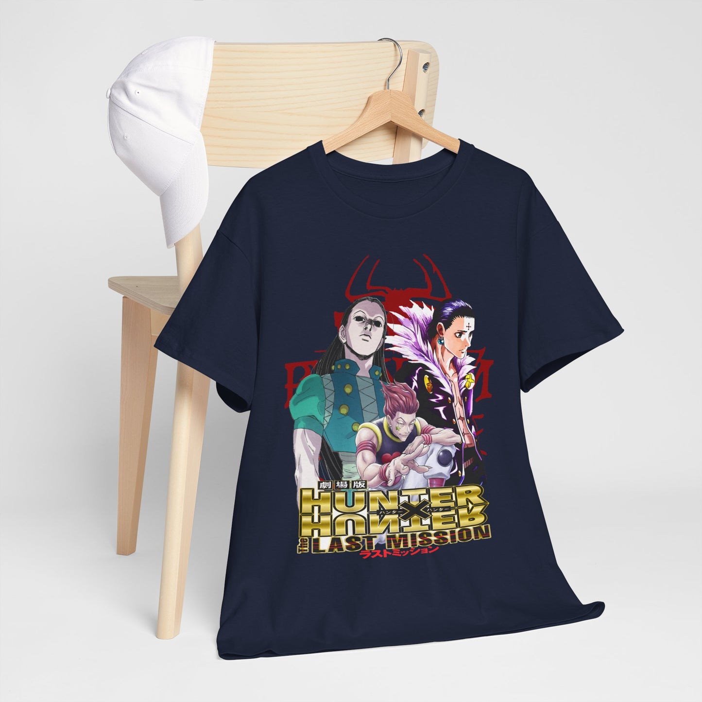 Stylish Hunter x Hunter T-shirt elegantly hung on a chair, highlighting exquisite character prints and the iconic series logo, a must-have for any fashion-forward anime fan.