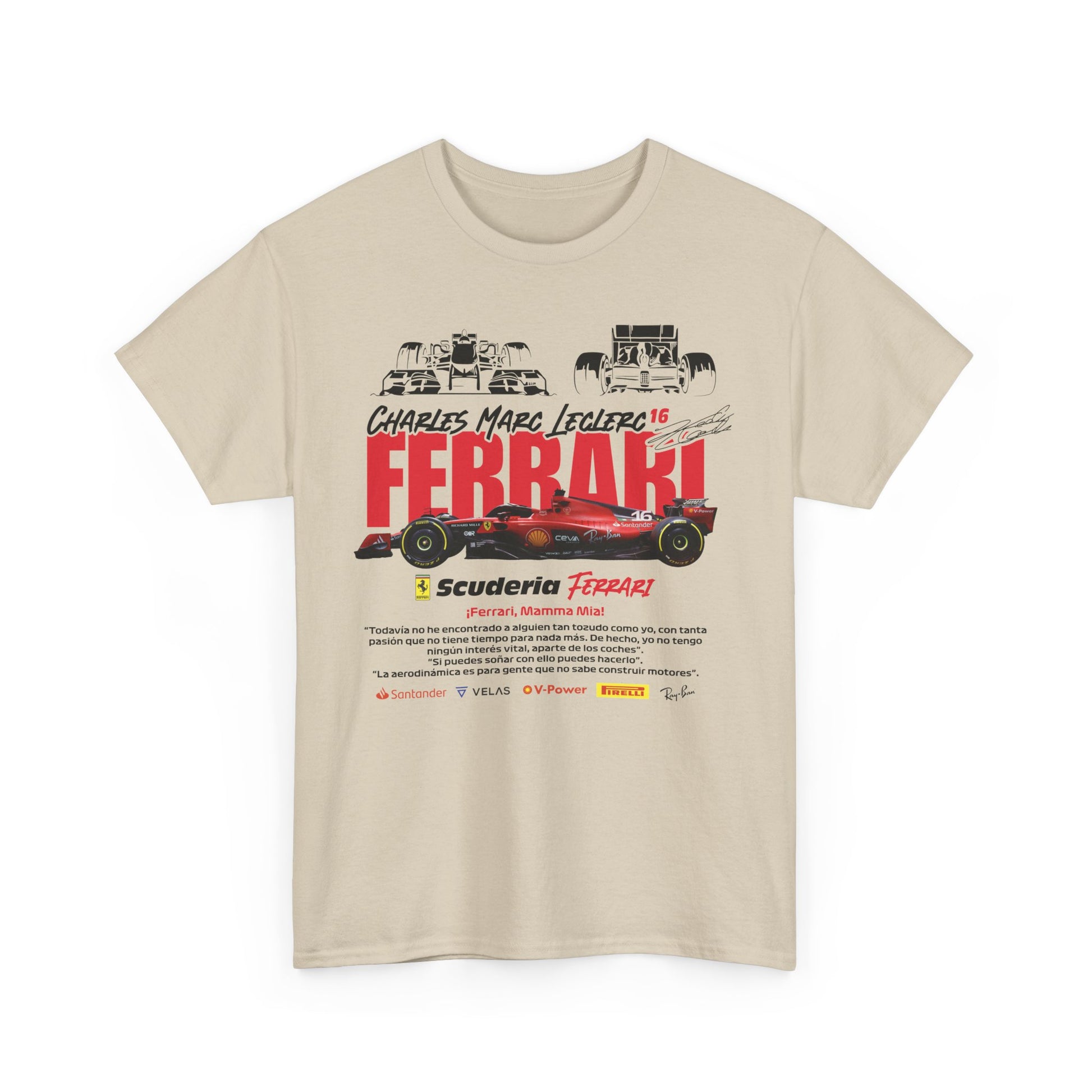 Chic beige t-shirt with Charles Leclerc 16 design, featuring a dynamic Ferrari Formula 1 car graphic, merging luxury and motorsport flair.