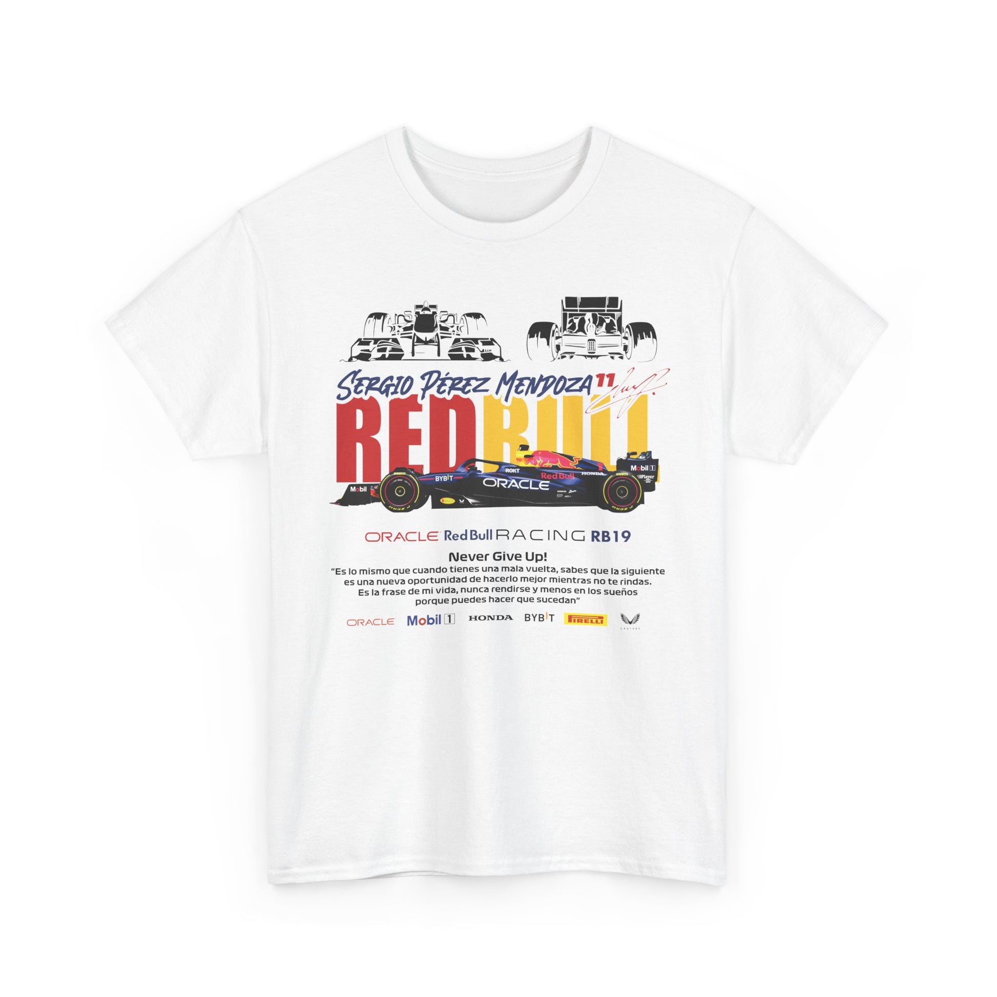 Men's luxury Red Bull Racing RB19 T-shirt featuring Sergio Pérez's name, vibrant graphics of the RB19 car, and motivational quotes, showcasing high-quality design and craftsmanship.