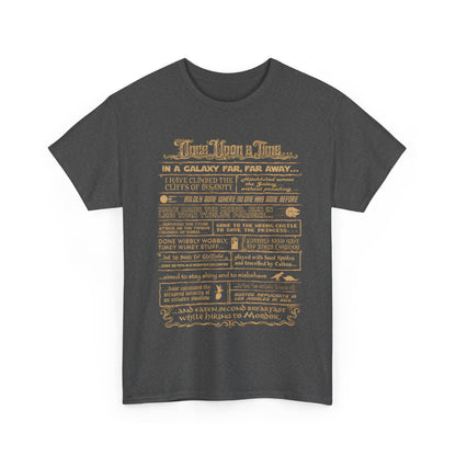 Once Upon a Time Graphic T-Shirt for Geeks - Vintage Cosmic Adventure Unisex Cotton Tee illustrated in a soft charcoal hue with intricate golden and beige text.