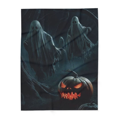 Decorative and Warm Halloween Spooky Arctic Fleece Blanket with haunting spirits and a grinning pumpkin, designed to elevate your seasonal celebrations in style.