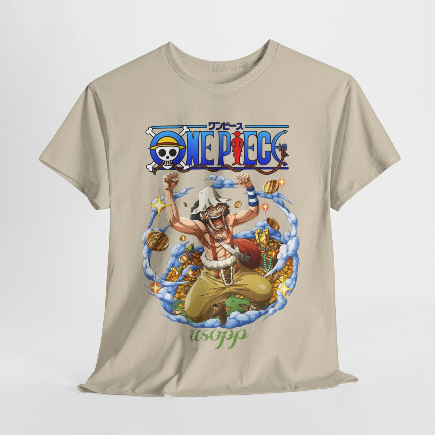 Single Usopp t-shirt, elegantly displayed, featuring vibrant artwork of Usopp celebrating against a whimsical backdrop, a must-have piece for discerning fans of anime.