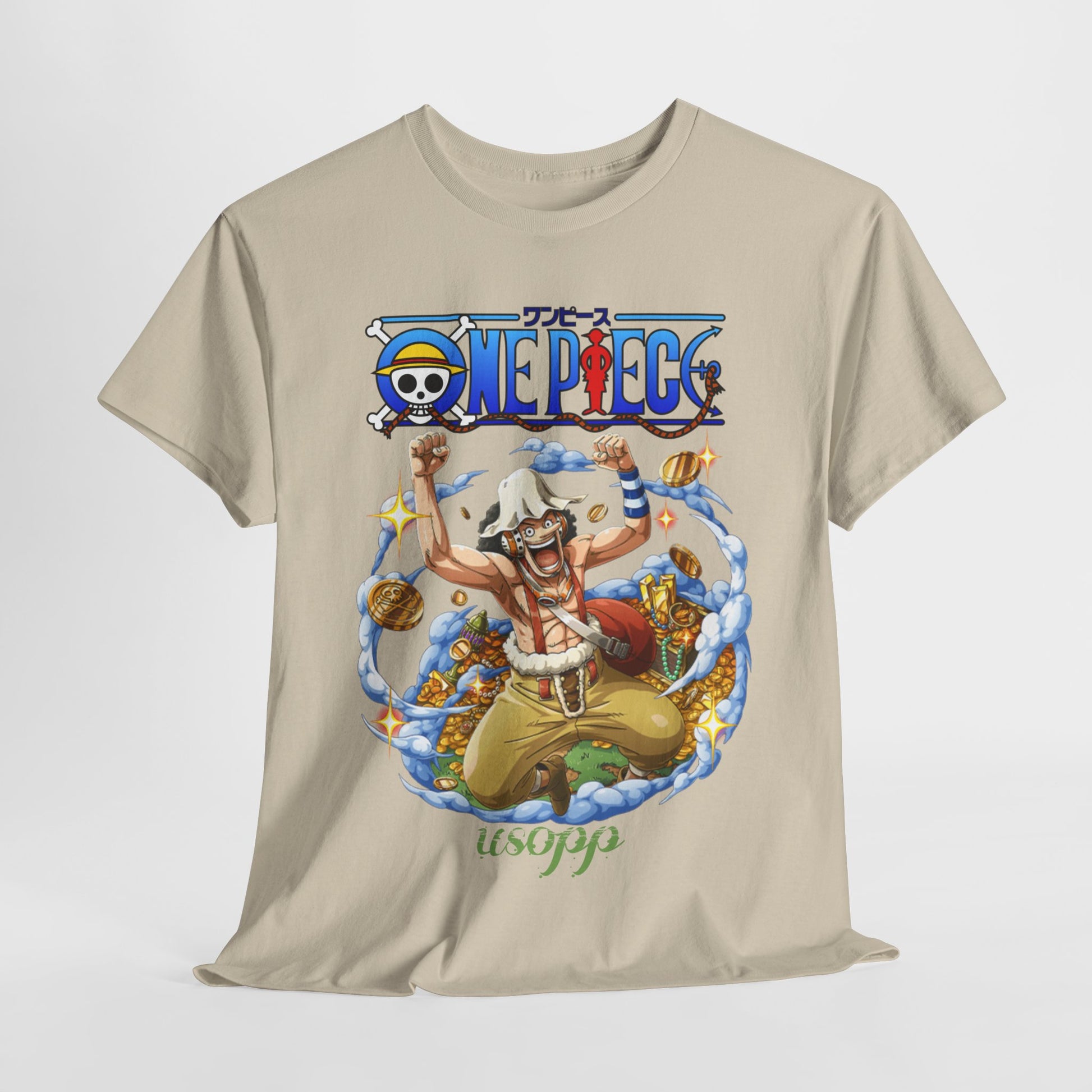 Single Usopp t-shirt, elegantly displayed, featuring vibrant artwork of Usopp celebrating against a whimsical backdrop, a must-have piece for discerning fans of anime.