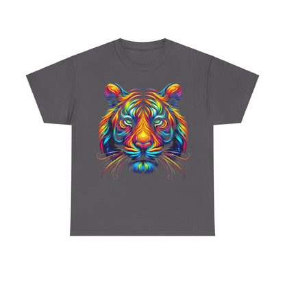 Tiger's Whimsy Graphic Tee - Unisex Artistic Shirt with a breathtaking multicoloured stylised tiger head design on a dark heather backdrop.