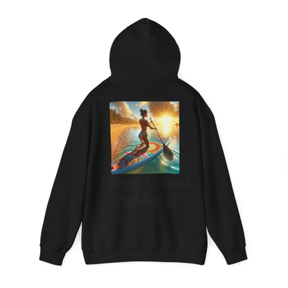 Fantasy Paddleboarding Unisex Hooded Sweatshirt showcasing stunning paddleboarding artwork in black, ideal for those who embrace outdoor adventures.