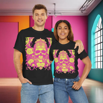 Stylish couple wearing the Skulls and Roses Cotton Tee, embodying a luxurious and fashionable alternative look in a vibrant interior.