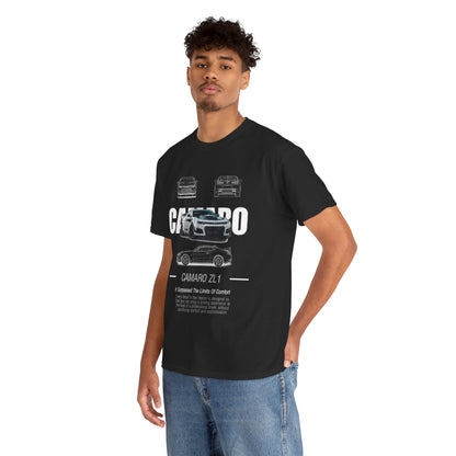 Stylish model wearing the Mens Camaro ZL1 T-Shirt, embodying performance and comfort with an elegant design suitable for auto enthusiasts.