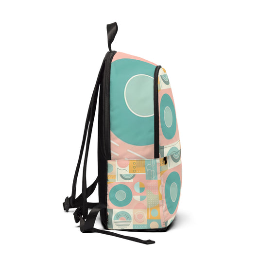 Elegant side view of the Abstract Geometric Pastel Backpack from FitFusion PowerCore Studio, highlighting its chic pastel design and practical, spacious structure for modern lifestyles.