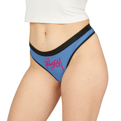 Luxurious women's thong panties in blue with a bold pink graffiti-inspired 'Pussy' design, showcasing contemporary elegance and playful audacity.