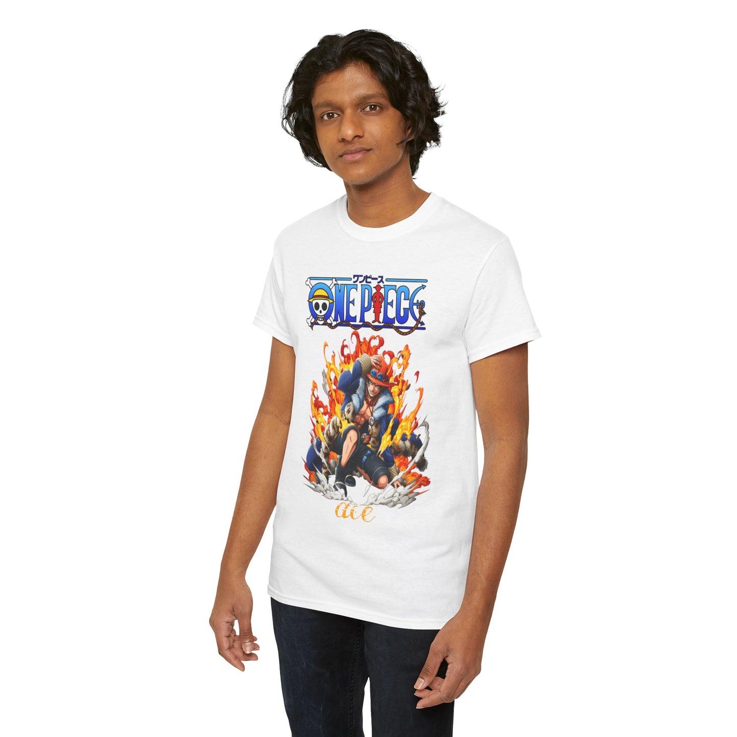 Another model in the Epic Ace men's T-shirt, displaying the dynamic flaming artwork, perfect for casual wear or anime-themed events.