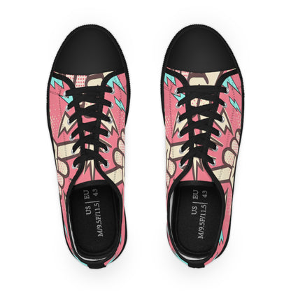 Close-up view of Zara Voltstrike Men's Pop Art Lowtop Sneakers showcasing stunning pink fabric with playful pale blue lightning bolts, crafted by Printify.